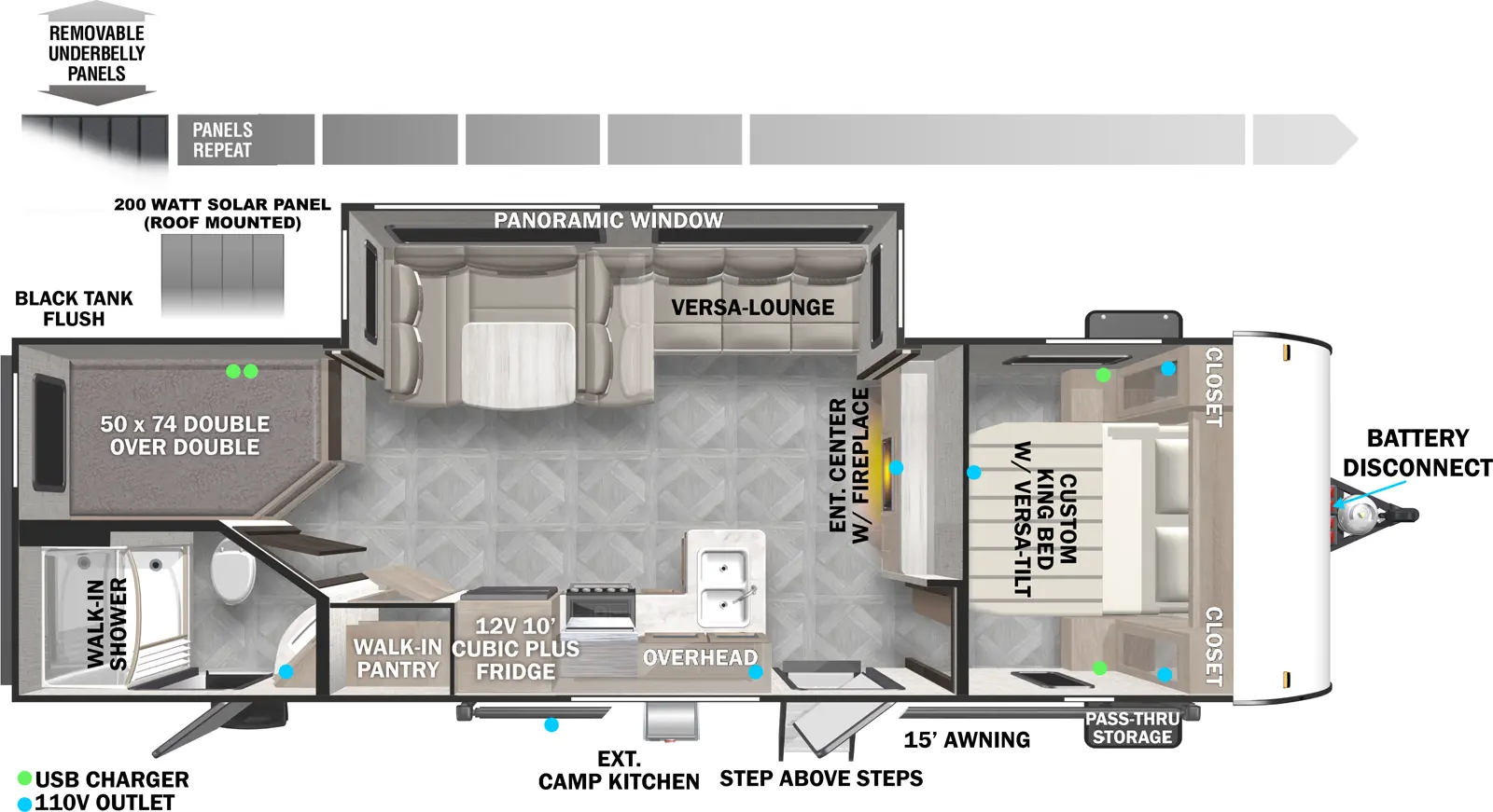 The 263BHXL has one slideout and two entries. Exterior features front storage on each side, camp kitchen, and awning. Interior layout front to back: custom king bed with shelf above, and wardrobes on each side; entertainment center along inner wall; off-door side slideout with versa lounge u-dinette, and shelf; entry door, peninsula kitchen counter with sink wraps to door side with overhead cabinet, microwave, cooktop, refrigerator, and pantry; rear off-door side bunk beds; rear door side full bathroom with medicine cabinet, and second entry door.